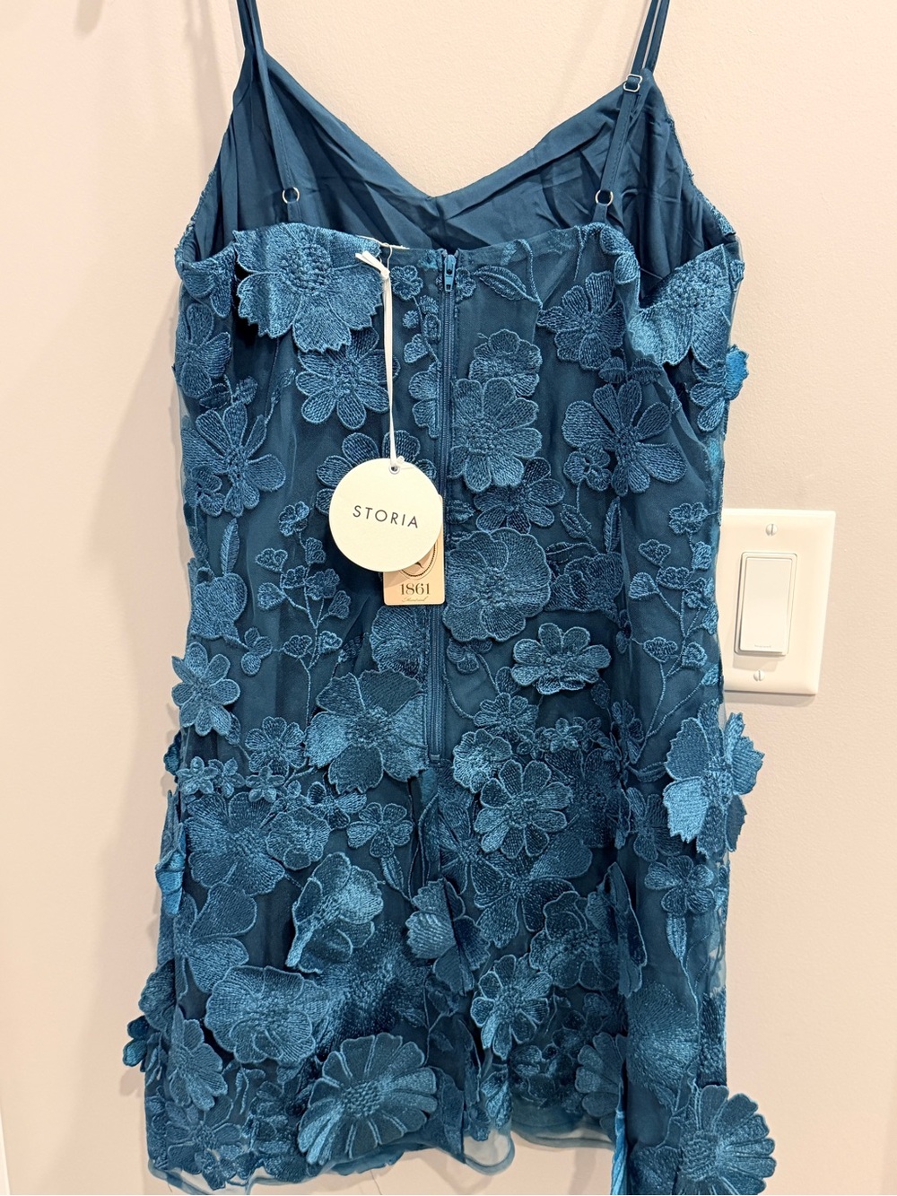 Storia Teal Floral Appliqué Spaghetti-Strap Mini Dress - Picture 4 of 5
